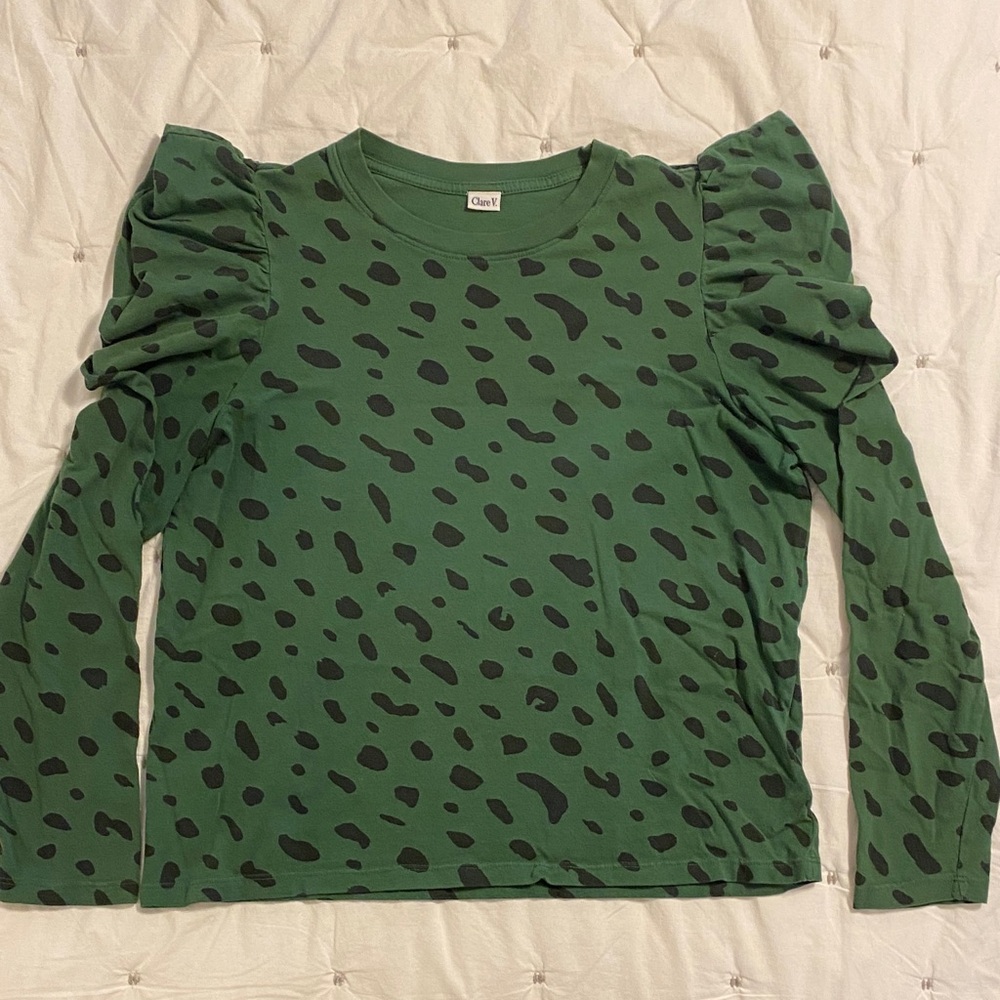 Clare V Green Ruffle-Sleeve Long Sleeve Tee